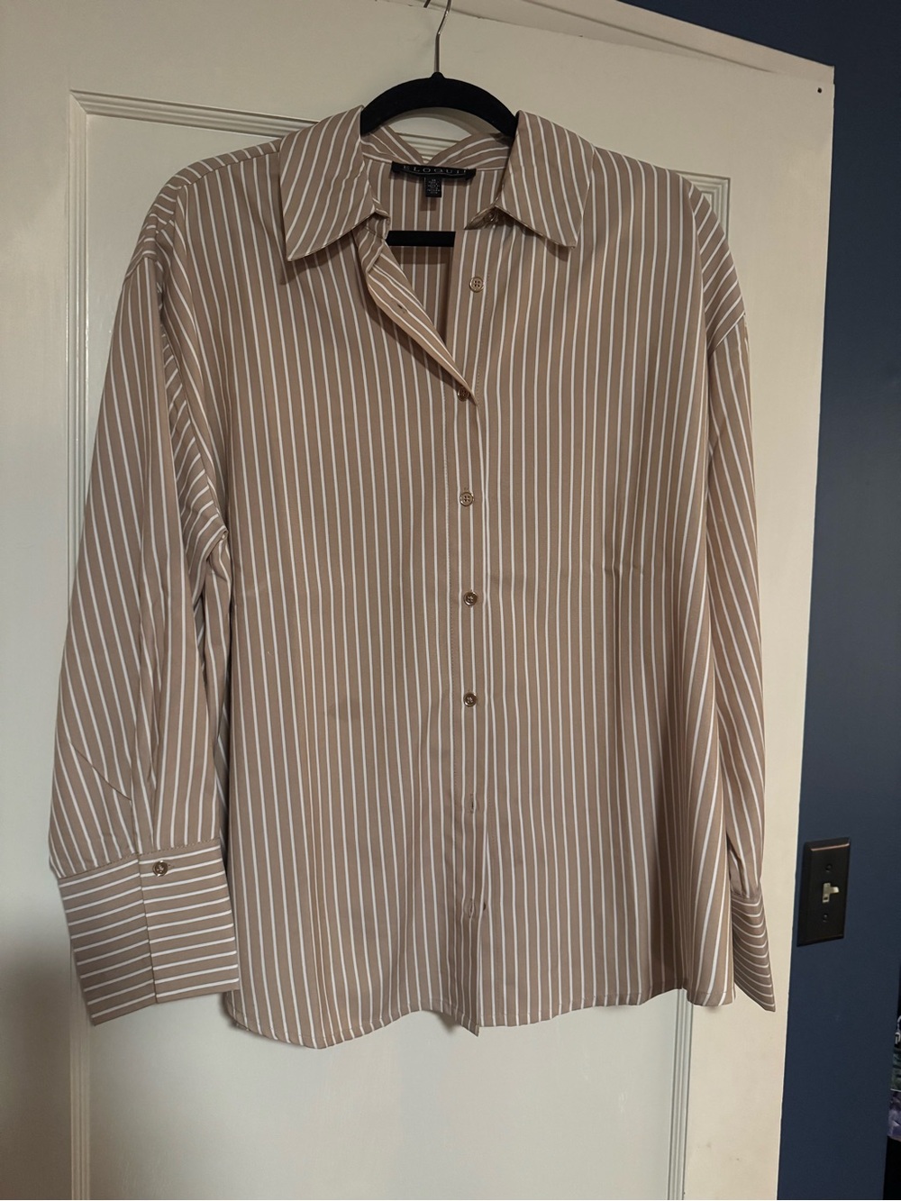 Eloquii Beige and White Vertical-Stripe Button Down Shirt